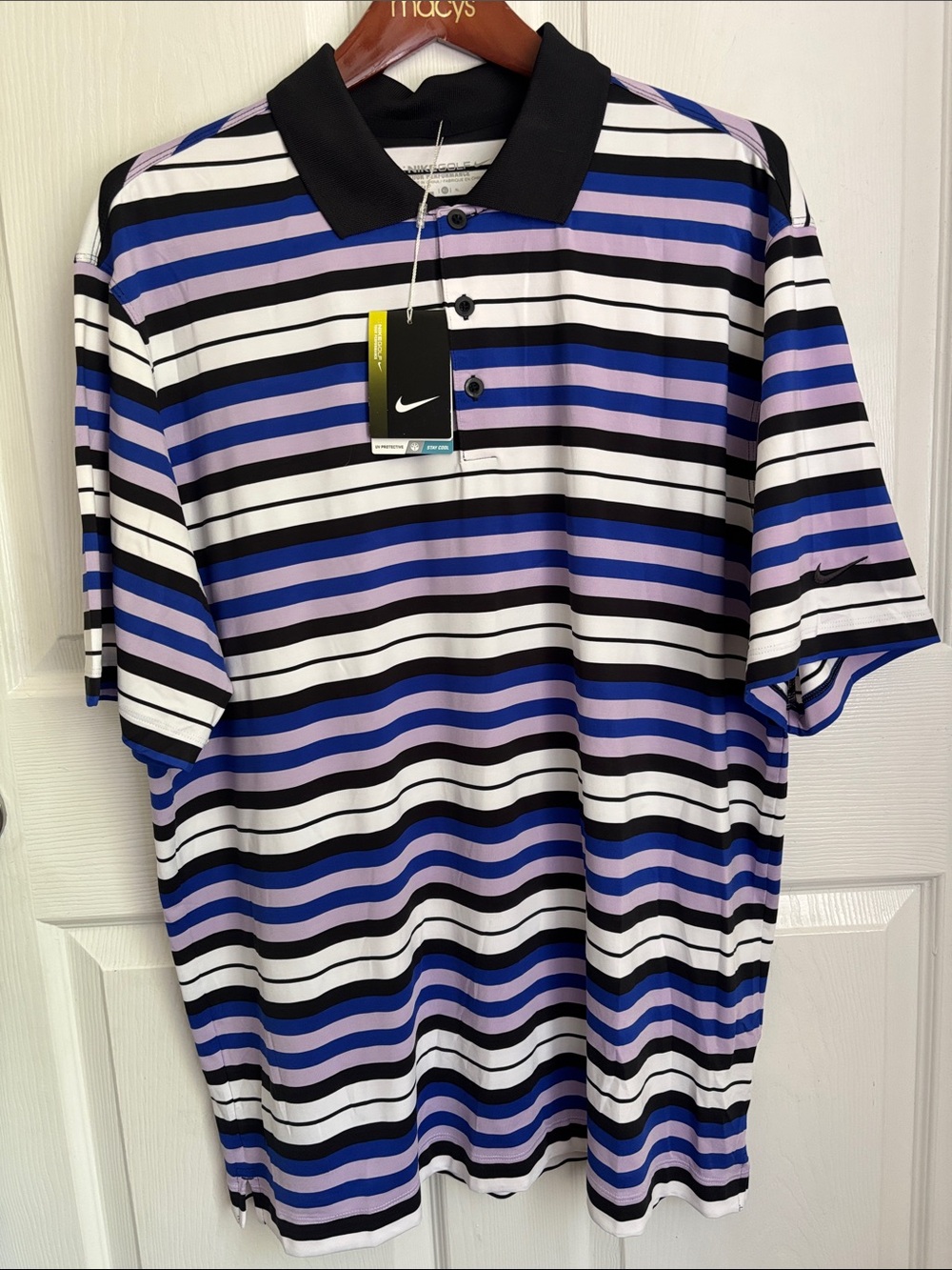 NEW Nike Golf Polo Striped Dri Fit Black White Purple Size XL Tour Performance